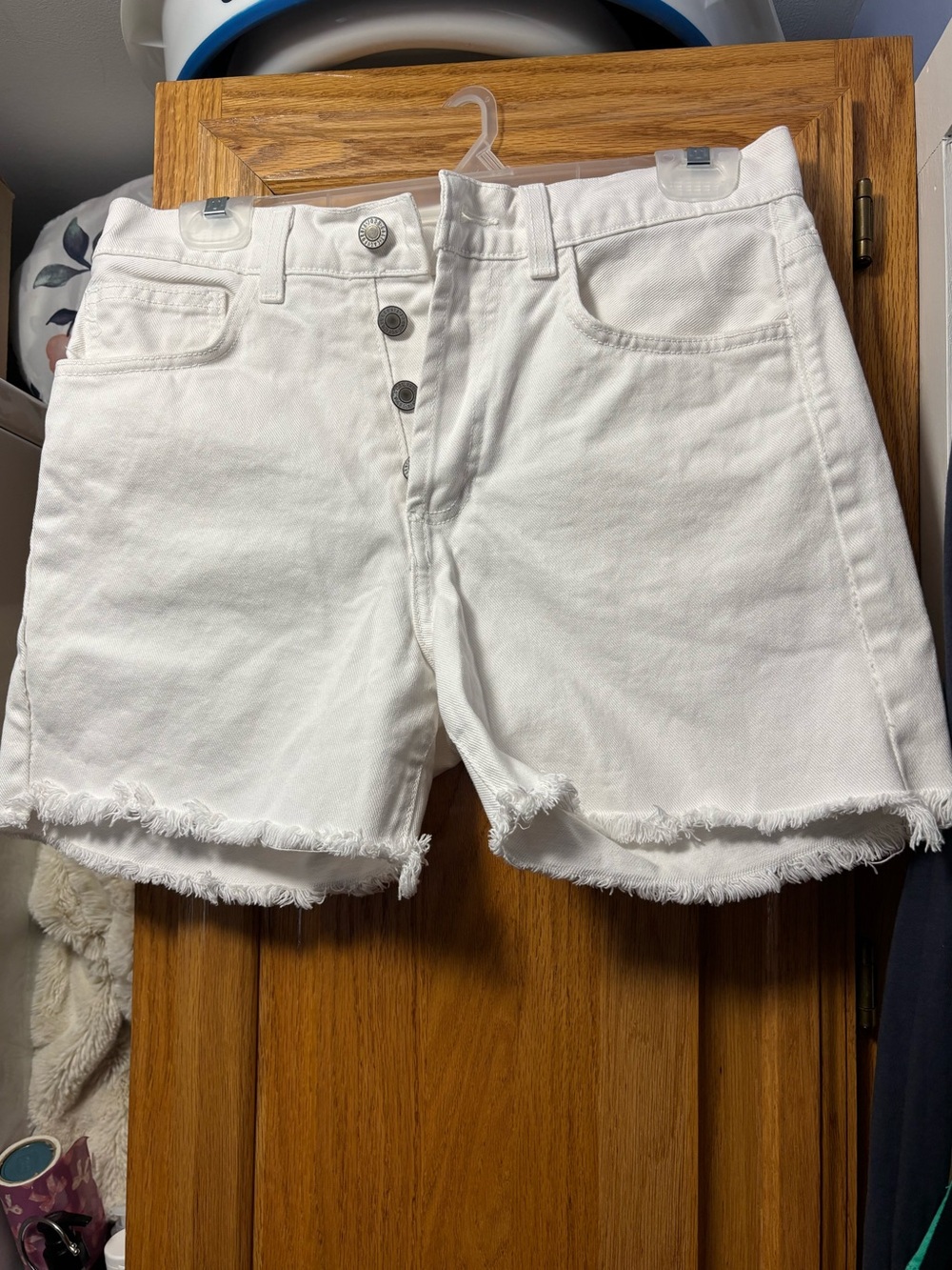 White Denim Frayed Hem Women's Button Fly Shorts